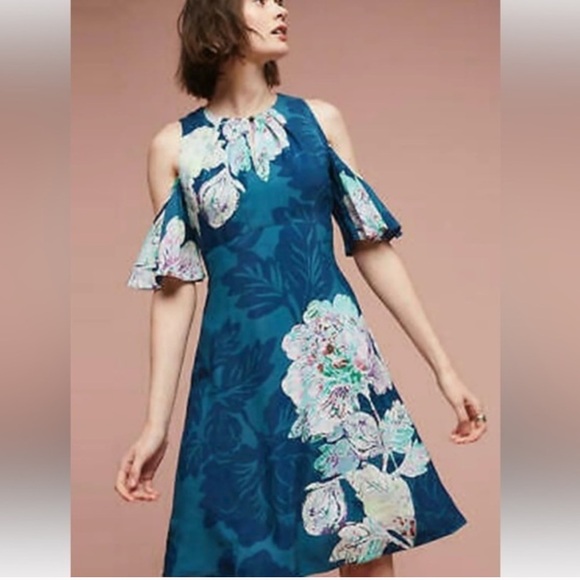 Maeve Anthropologie Blue Floral Elia Open Shoulder Dress - Picture 1 of 6